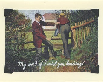 Catch You Bending: Vintage LGBTQ+ Card - vintage kink, spanking card, gay boyfriends, husbands card, hand colored photo card circa 1910