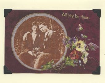 All Joy Be Thine: Vintage LGBTQ+ Card - gay valentine, two gay husbands, gay wedding card, congratulations, anniversary card, new dads card