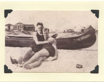 Little Whopper: Vintage LGBTQ+ Card - boyfriends beach day, canoe at summer cottage, wooden canoe, gay honeymoon card, gaycation card