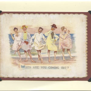 ¿Saliendo? Vintage LGBTQ + Tarjeta - Tarjeta Provincetown, invitación de despedida de soltero gay, día de playa gay, viaje al océano, tarjeta de recuerdo gaycation