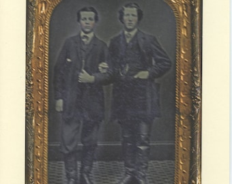 Arm In Arm: Vintage LGBTQ+ Card - gay New Year card, two gay boyfriends, gay anniversary, formal tintype circa 1880, Victorian husbands