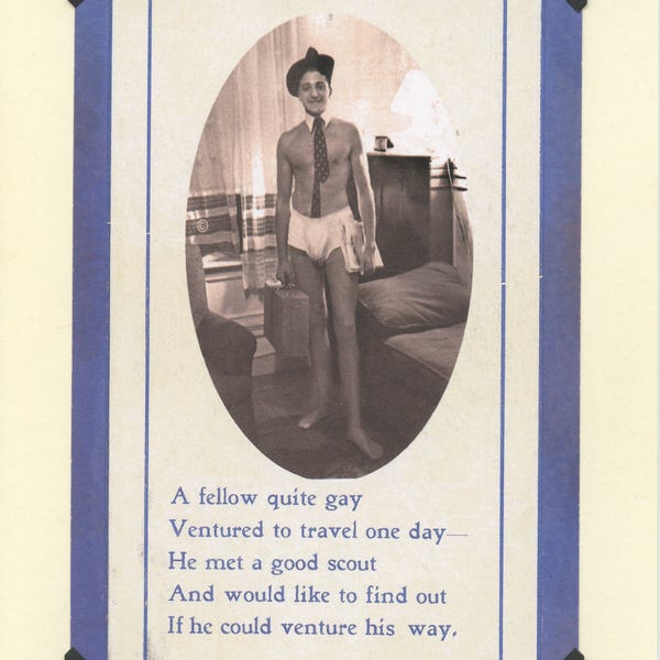 Fellow Quite Gay: Vintage LGBTQ+ Card - road trip invitation, romantic rendezvous, traveling salesman, funny vintage photo card, valentine