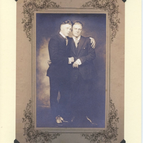 Elegant Hug: Vintage LGBTQ+ Card - gay engagement congratulations, two gay boyfriends, two gay fiancees, newlywed husbands, brothers card