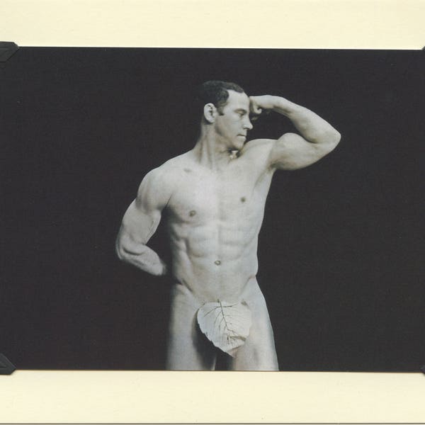 Biflexual: Vintage LGBTQ+ Card - gay bodybuilding, weightlifting card, strength training, male nude, fig leaf, studio photograph circa 1910