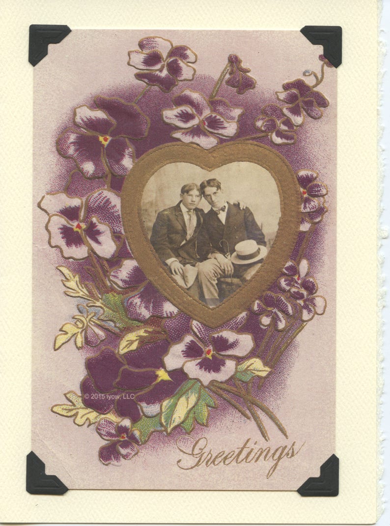 One Heart: Vintage LGBTQ Card gay engagement card, vintage floral card, greetings, just saying hello, just because card, gay wedding card 5"x7" Textured Card