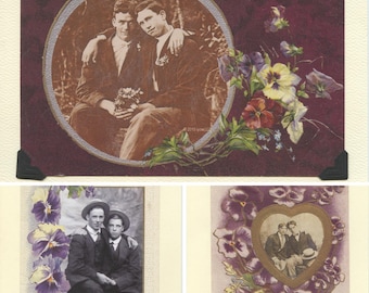 Purple Pansies Pack: Vintage LGBTQ+ Cards - 3 pack purple floral vintage cards - antique gay engagement, spring cards, gay greeting cards