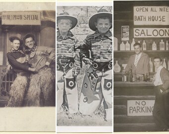 Western Card Pack: Honeymoon Special, Pardner Pals, Bath House Buddies - Vintage LGBTQ+ Cards, antique cowboy photo cards, gay cowboys cards