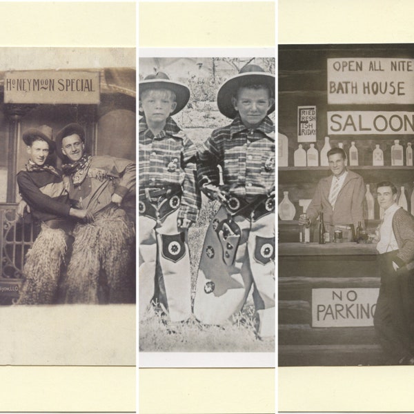 Western Card Pack: Honeymoon Special, Pardner Pals, Bath House Buddies - Vintage LGBTQ+ Cards, antique cowboy photo cards, gay cowboys cards