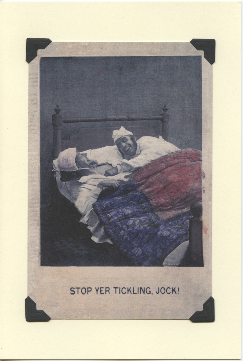 Stop Jock: Vintage LGBTQ card gay tickling valentine, gay boyfriends card, two gay husbands anniversary, under the covers, vintage kink 5.5"x8" Smooth Card