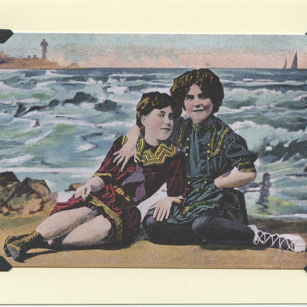 Close By The Sea: Vintage LGBTQ+ Card - sisters Mother's Day card, beach day, seaside outing, girlfriends ocean trip, hand colored photo