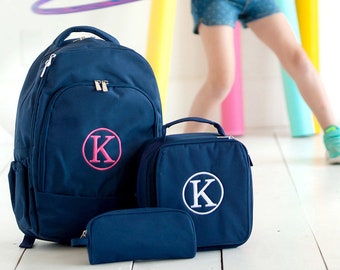 Embroidered navy blue Backpack, navy blue Pencil Case, navy blue lunch bag, navy blue Backpack Set, Back to School, Unisex Backpack Set