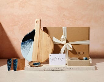 Artisan Grazing Cheese Board with Coaster & Knife, Wood Anniversary Gift, Sustainable Home Entertaining Serving Set