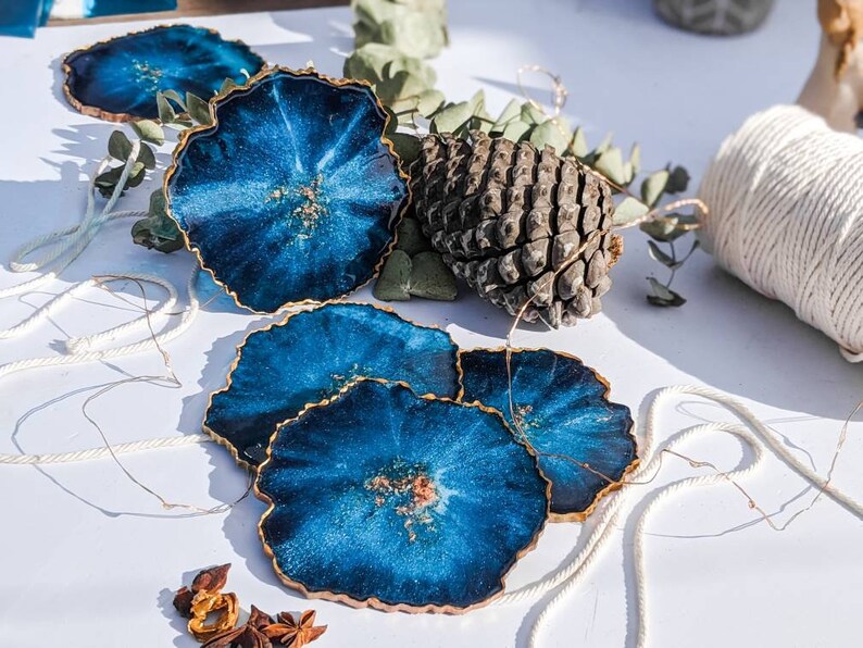 Crystal Geode Resin Coasters Blue Agate Coaster Epoxy Resin Etsy