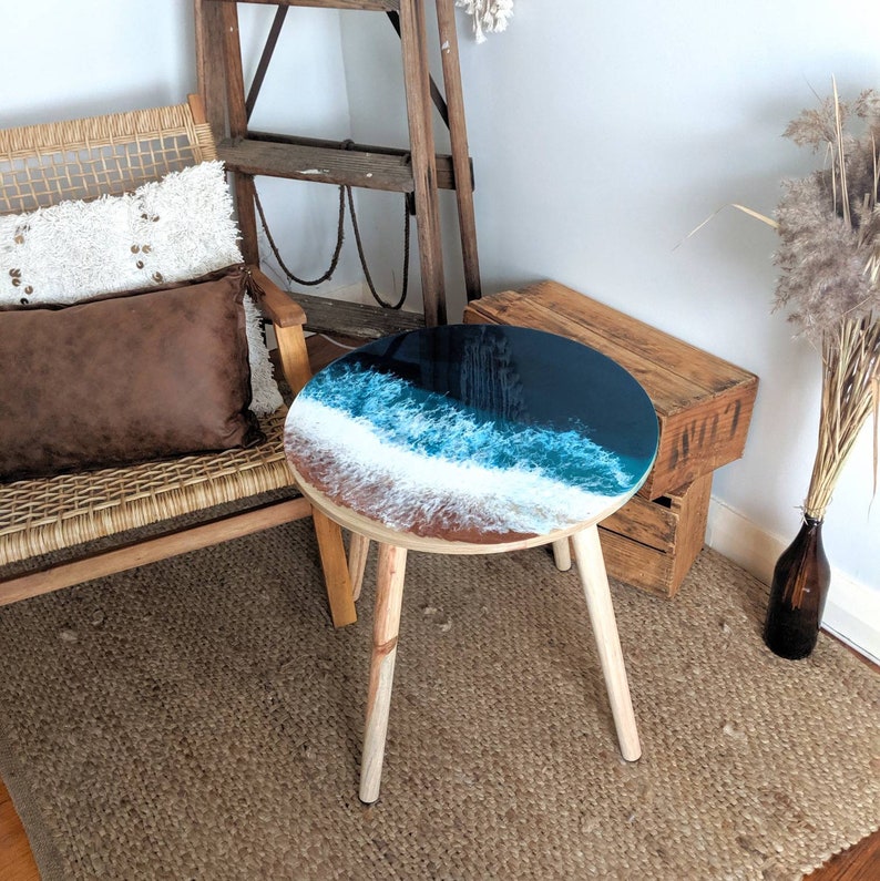 Ocean Resin Coffee Table Beach Look Art Side Table Feature Artistic Resin End Table Furniture For Beach House Or Housewarming Present