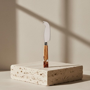 Puede incluir: Un cuchillo para queso con una hoja de acero inoxidable y un mango de madera con una base de resina decorativa. El cuchillo se exhibe sobre un bloque de piedra texturizado de color blanquecino.