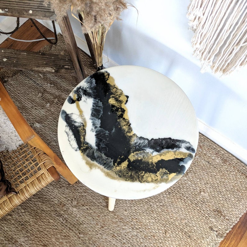 Black White And Gold Resin Art Coffee Table Minimalist Look Art Side Table Monochrome Feature Artistic Resin End Table