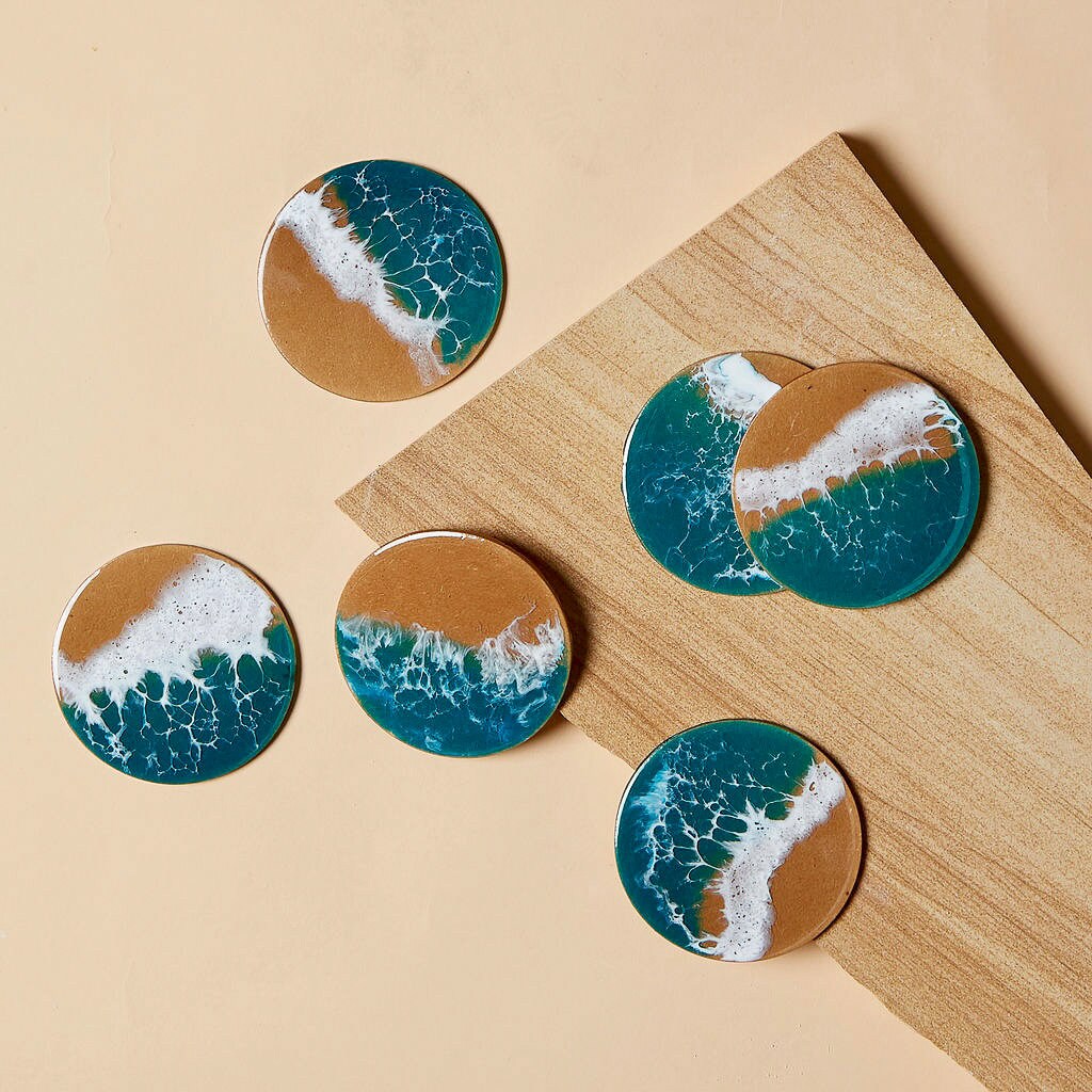 Ocean Resin Art Coasters Set, Drinkware, Housewarming Gift, Beach Hou…