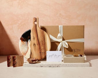 Artisan Grazing Cheese Board with Coaster & Knife, Wood Anniversary Gift, Sustainable Home Entertaining Serving Set
