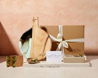 Artisan Grazing Cheese Board with Coaster & Knife, Wood Anniversary Gift, Sustainable Home Entertaining Serving Set