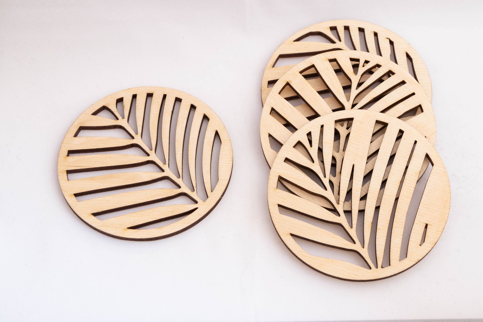 Palm leaf wood coaster set of four 4 round laser cut | Etsy