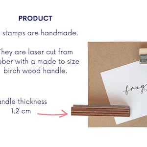 May include: A close-up of a wooden stamp handle with a 1.2 cm thickness. The stamp is made of rubber and is laser cut. The stamp is mounted on a birch wood handle. The stamp reads "fragile handle with care".