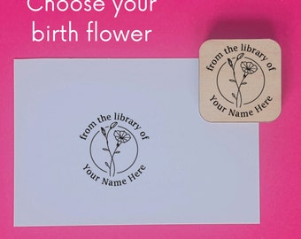 birth flower from the library of stamp, birth month flower stamp, birth flower stamp book stamp, library stamp, ex libris stamp custom stamp