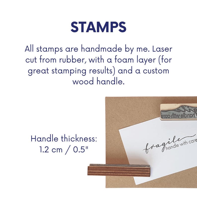 May include: A rubber stamp with a wooden handle and a foam layer, featuring the text 'fragile handle with care' in a script font. The stamp has a handle thickness of 0.5 inches. The text 'STAMPS' and product details are printed above the stamp.