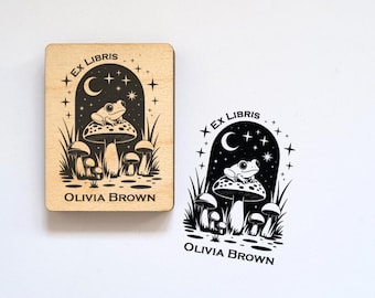 Frog Book Stamp Frog, Mushroom Book Stamp, Ex Libris Frog, Frog Library Bookplate, From the Library of Stamp, Custom Library Stamp