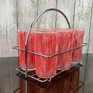 Mid Century Glassware Mid Century Drink Caddy 1940s Drink Caddy Retro Red Stripped Glasses Dominion Glass Co.