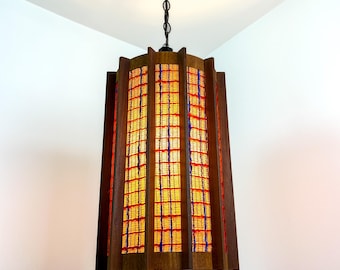 Lámpara colgante estilo farol escandinavo vintage de teca, estilo Ib Fabiansen, lámpara colgante estilo Fog & Morup, lámpara colgante de listones de teca, lámpara colgante estilo farol de teca