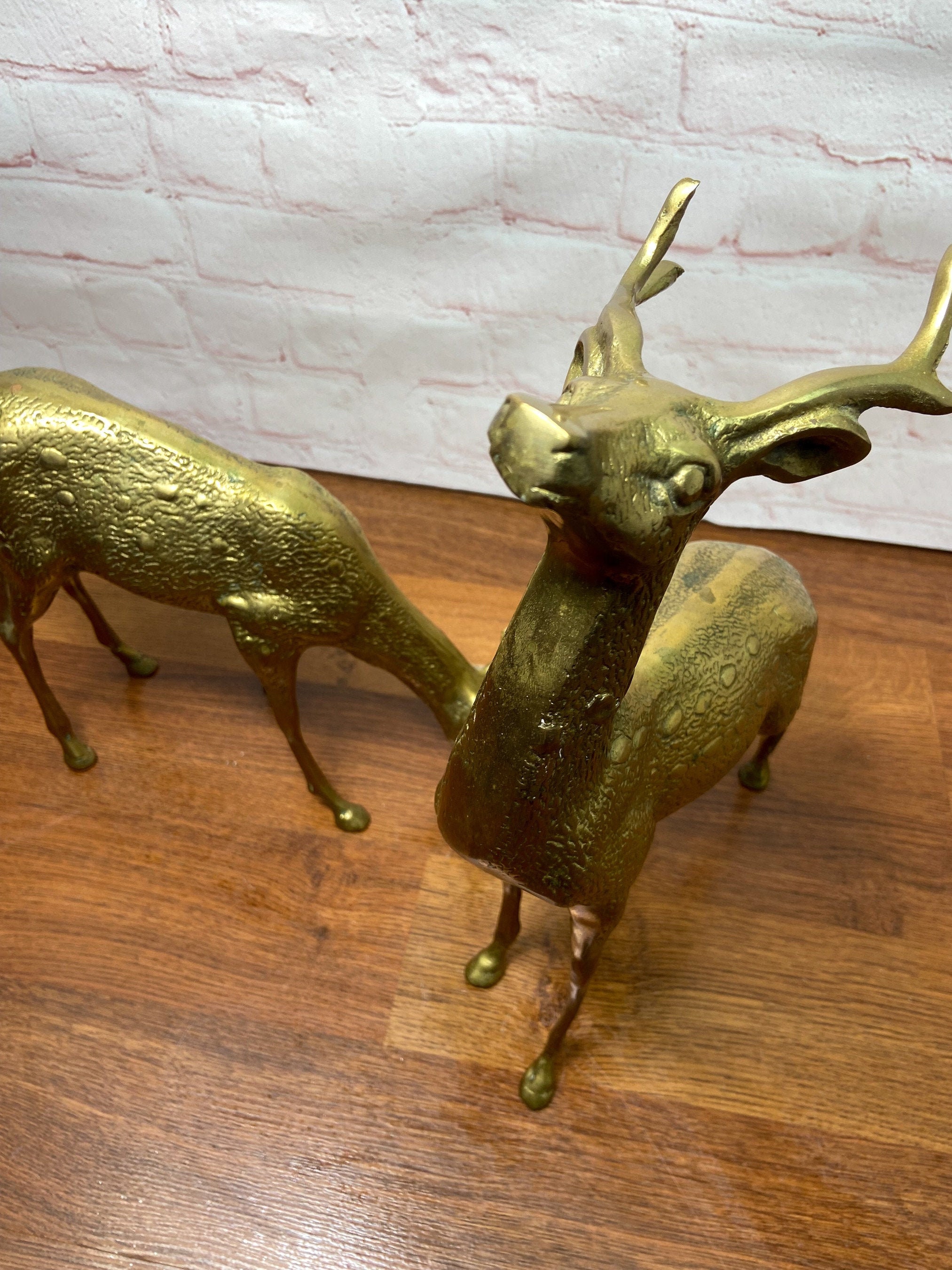 Large Brass Deer, Vintage Brass Deer, Brass Stag And Doe , Mid Century