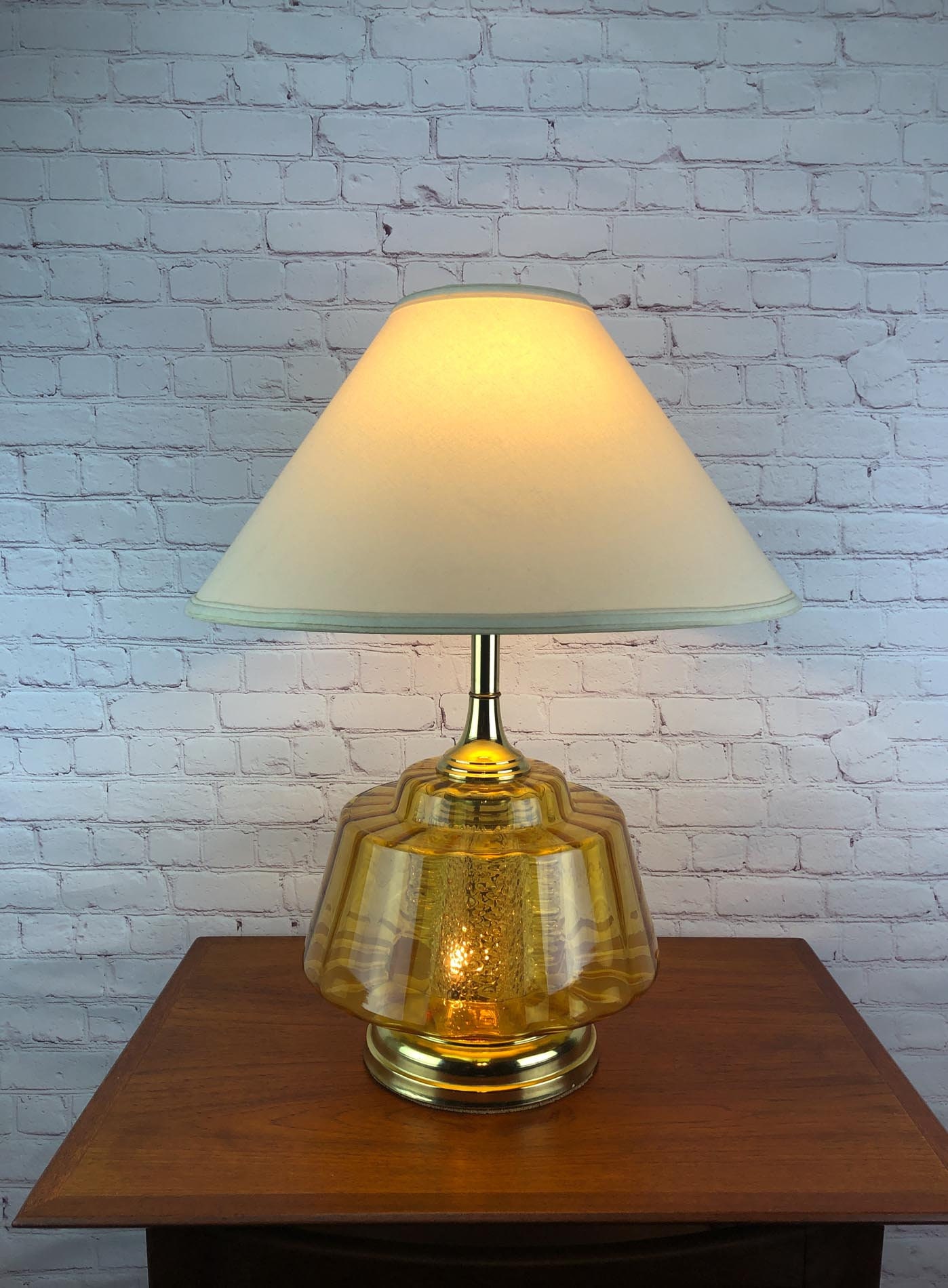 Mid Century Modern Amber Glass Night Light Base Table Lamp, Blown Glass