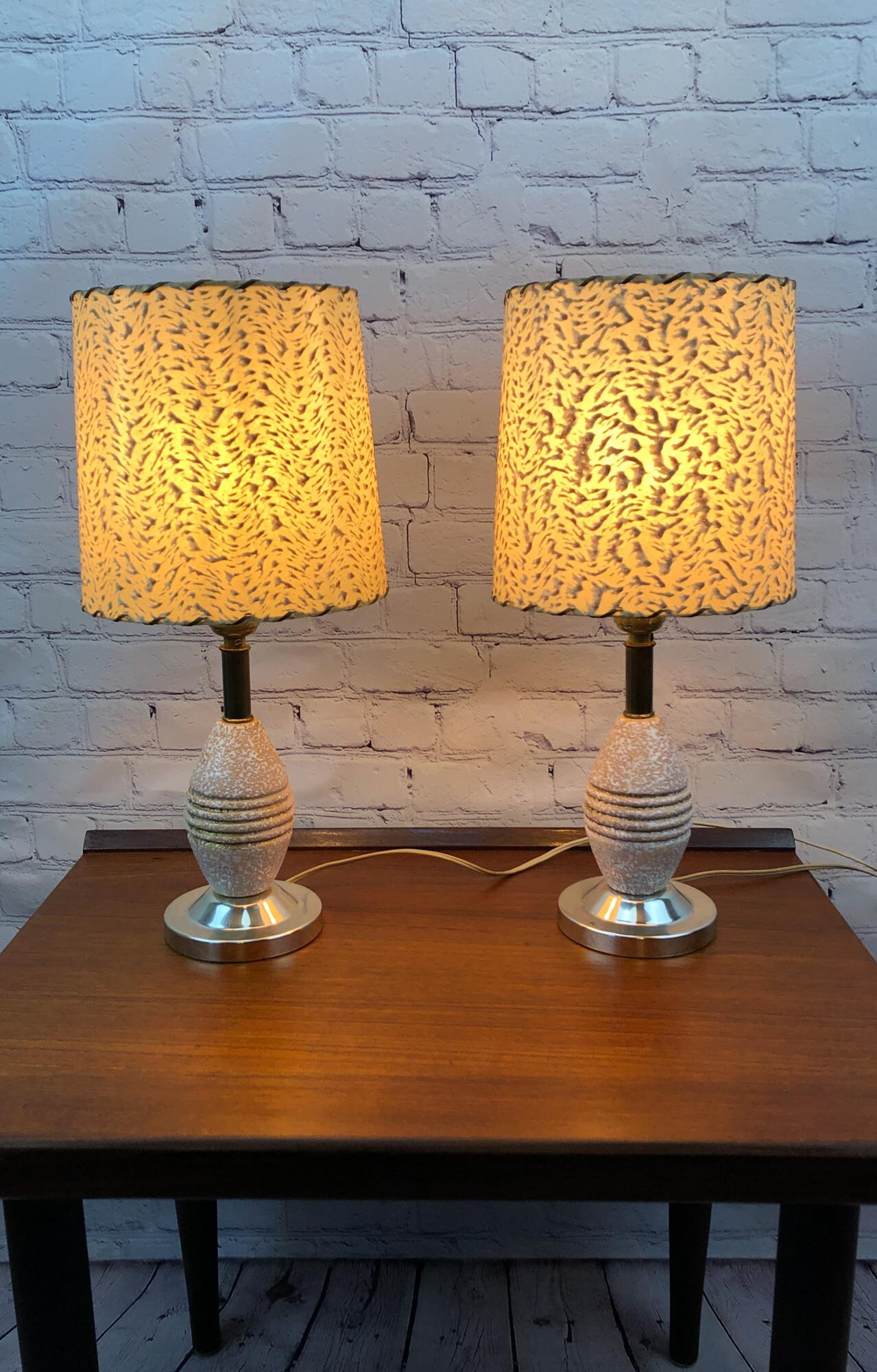 Mid Century Bedside Lamps, Ceramic Table Lamps, Fiberglass Shades, Mini