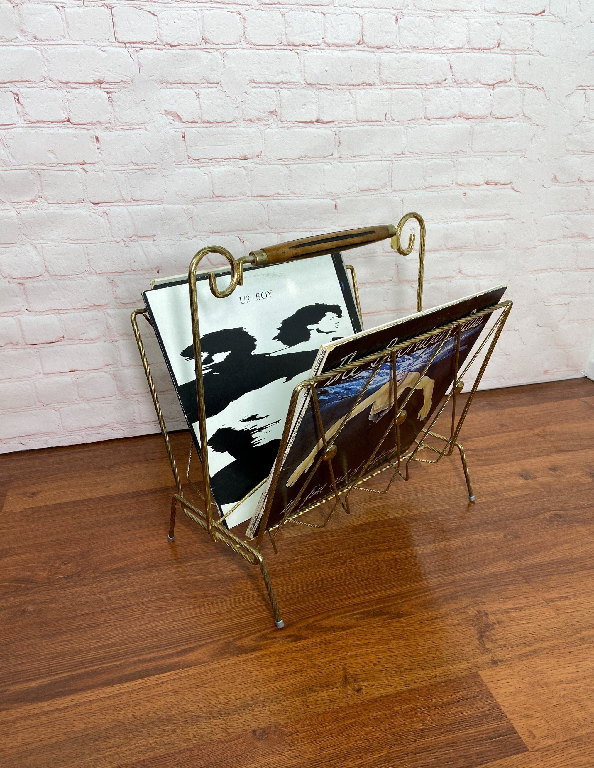 Mid Century Record Stand, LP Rack, Brass Plated Record Stand, Vintage
