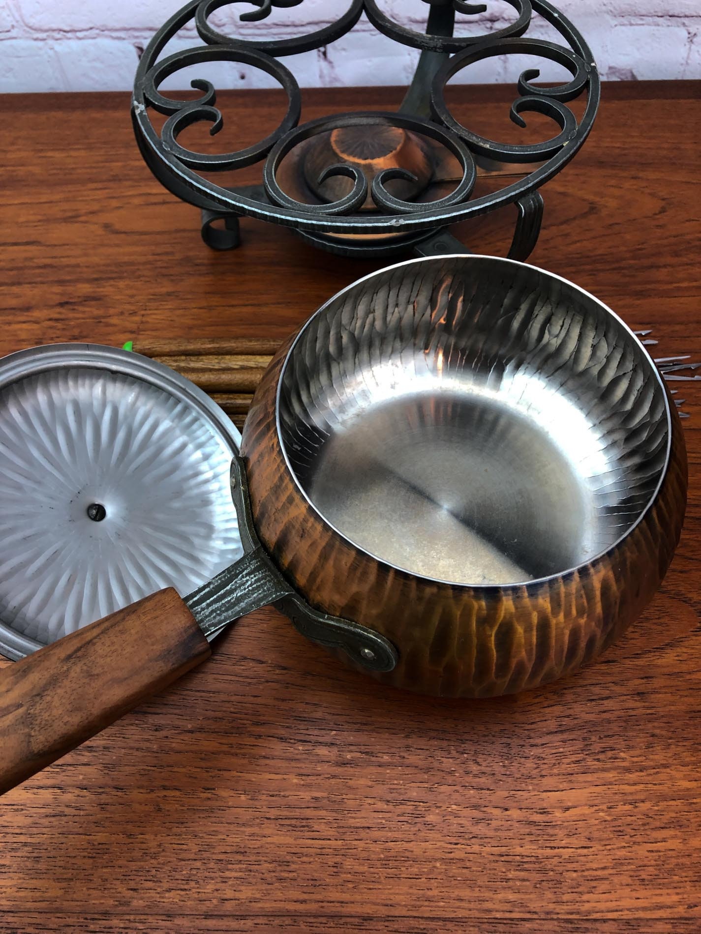 Sigg Fondue Set, Sigg Switzerland Hand Hammered Copper Fondue Set, 1950