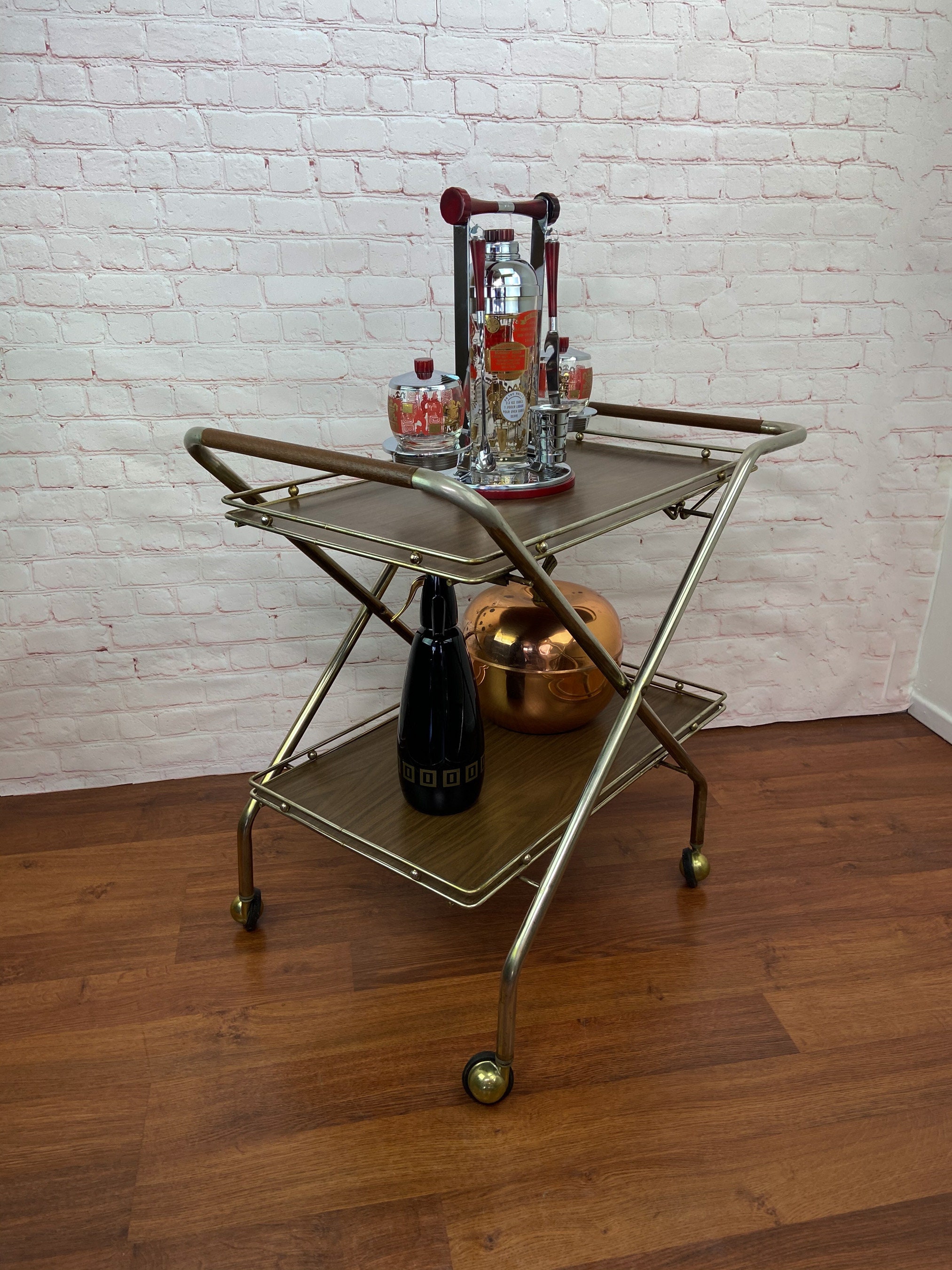 Mid Century Bar Cart, Folding Bar Cart, Vintage Bar Cart, Mad Men Bar