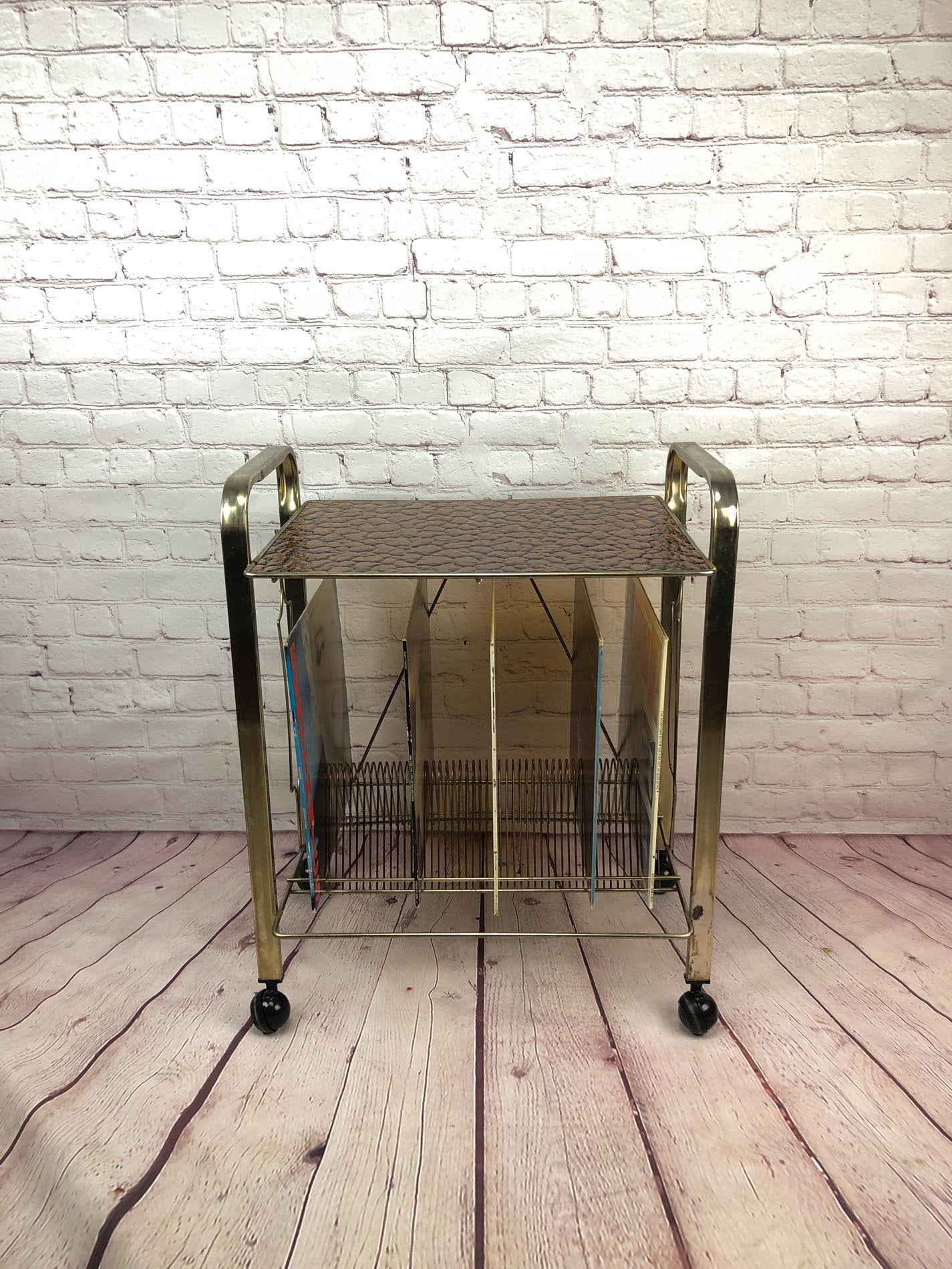 Vintage Record Rack, Brass Plated Record Stand, Vintage Turntable Stand