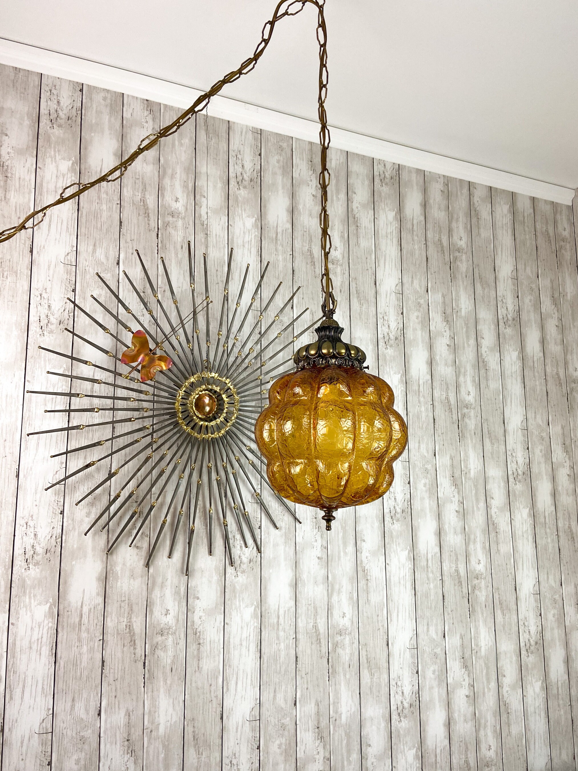 Vintage Swag Lamp Amber Swag Lamp Boho Swag Lamp Crackled Glass Swag