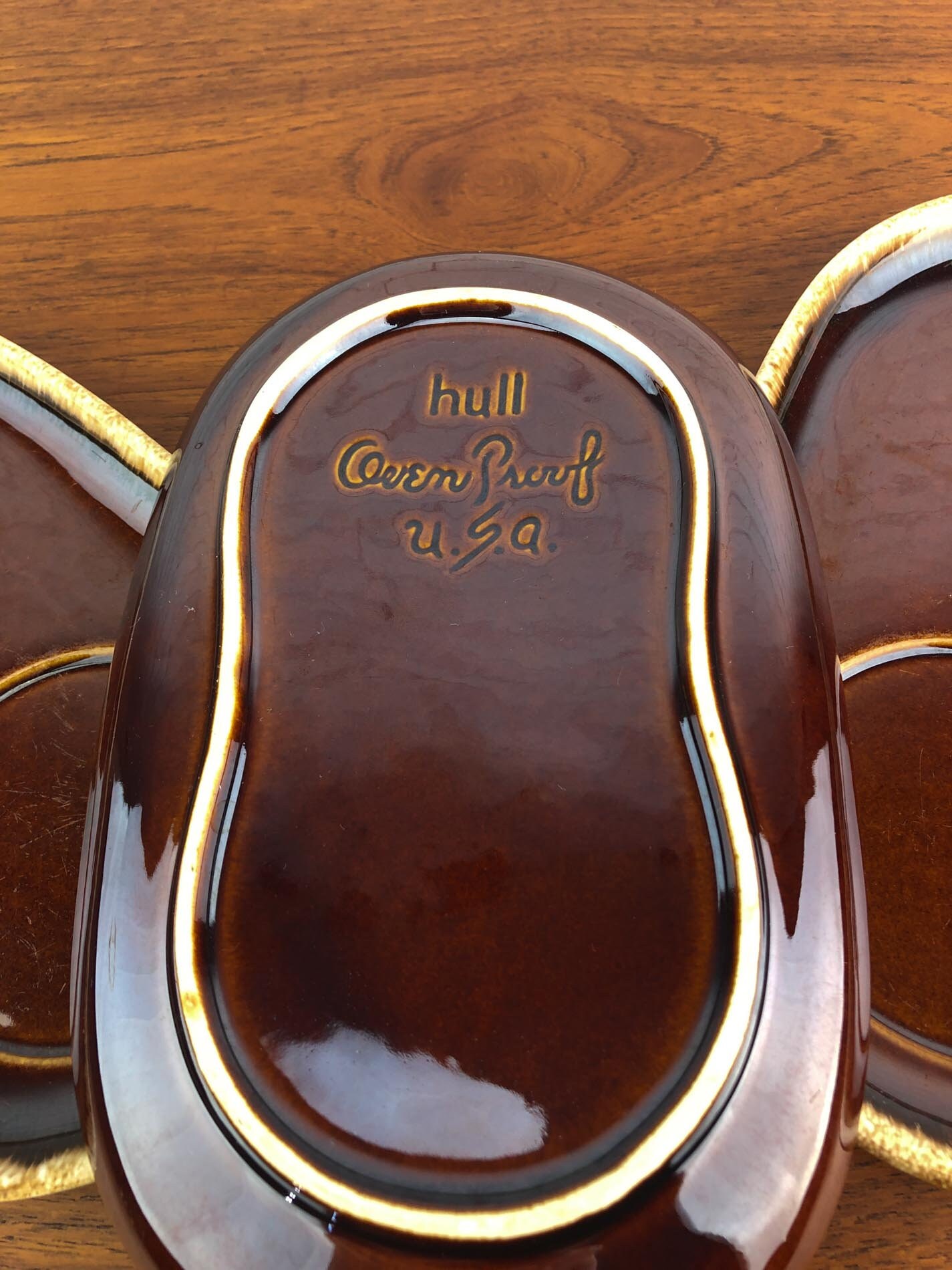 Hull Luncheon Plates (3), Hull Brown Drip Oven Proof USA Snack Plates