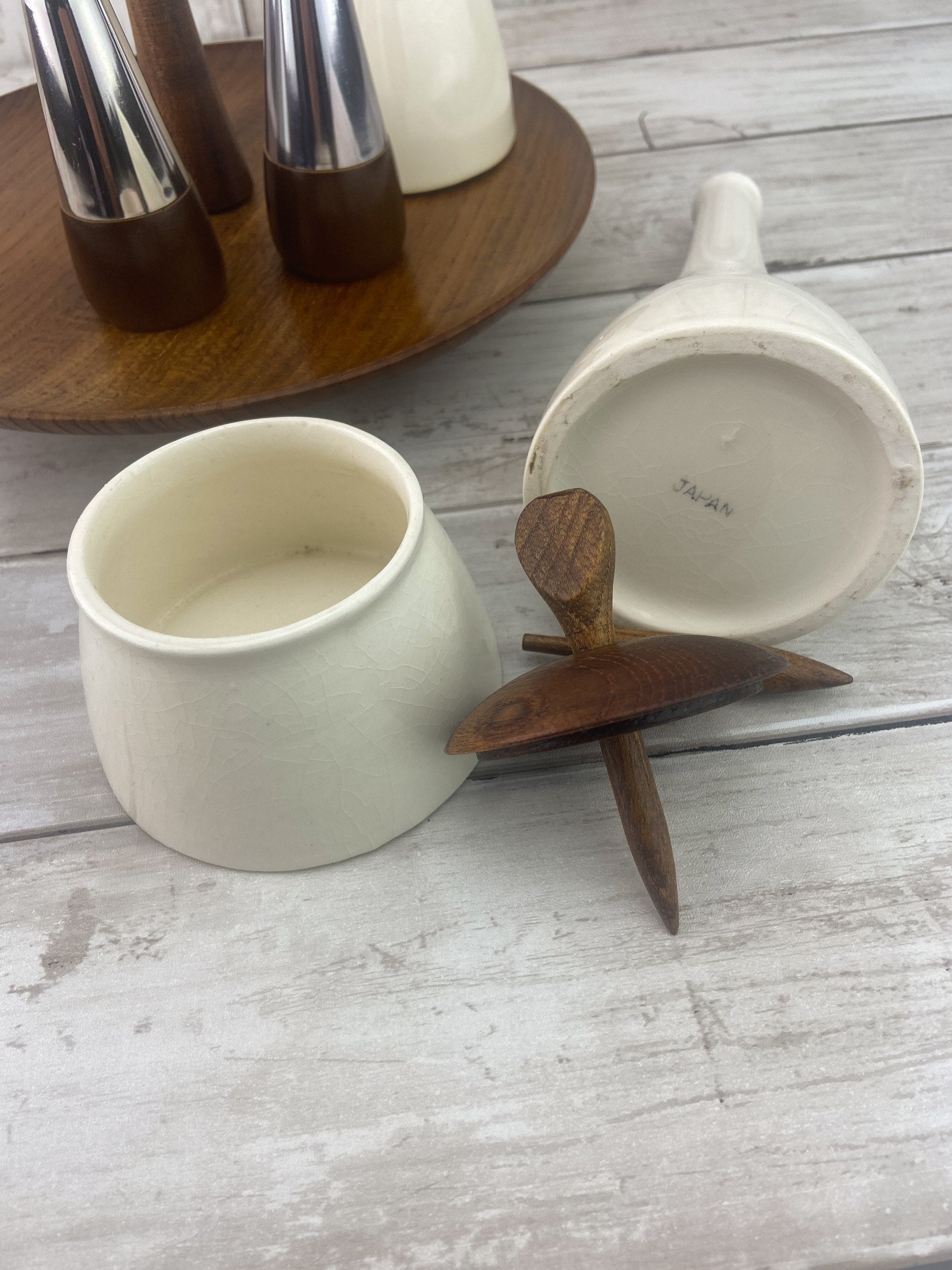 Teak Condiment Set, Teak Salt and Pepper Caddy Set, Oil and Vinegar