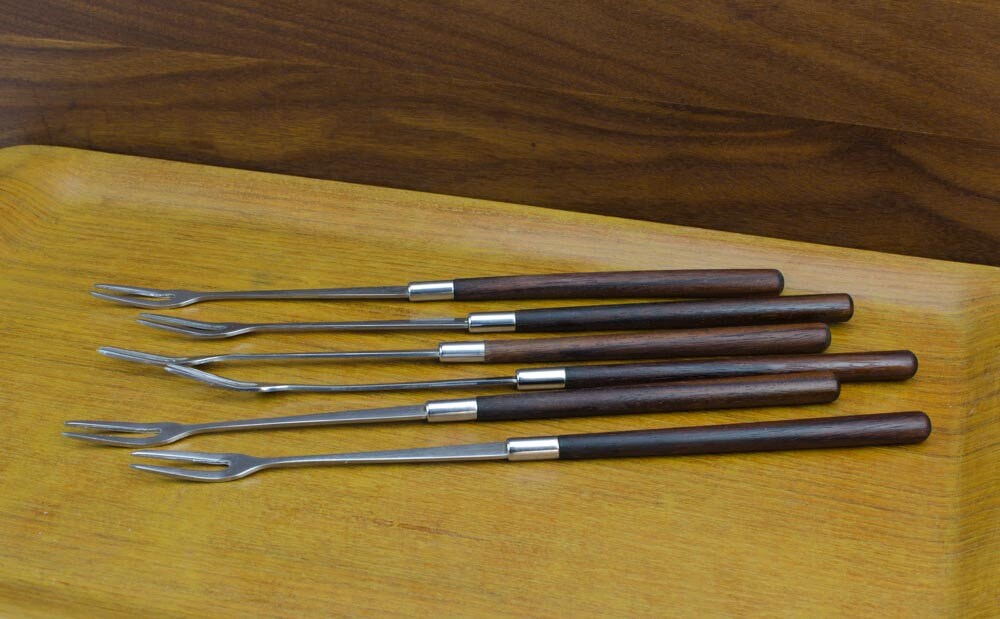 Teak Fondue Forks, Mid Century Fondue Forks, Stainless Steel Fondue Forks
