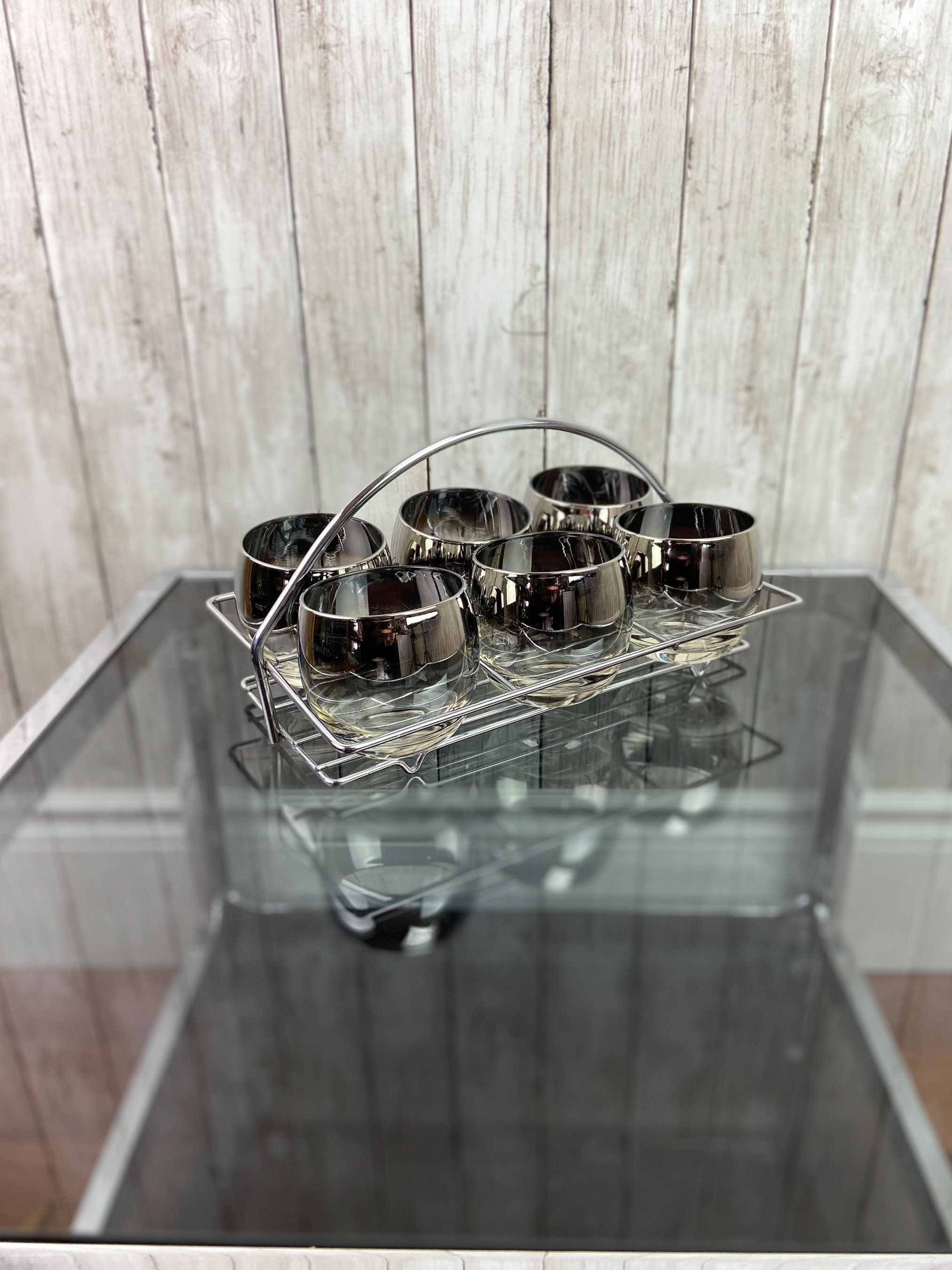 MCM Glass Caddy Glass Caddy Vintage Silver Tumblers Vintage Drink Caddy