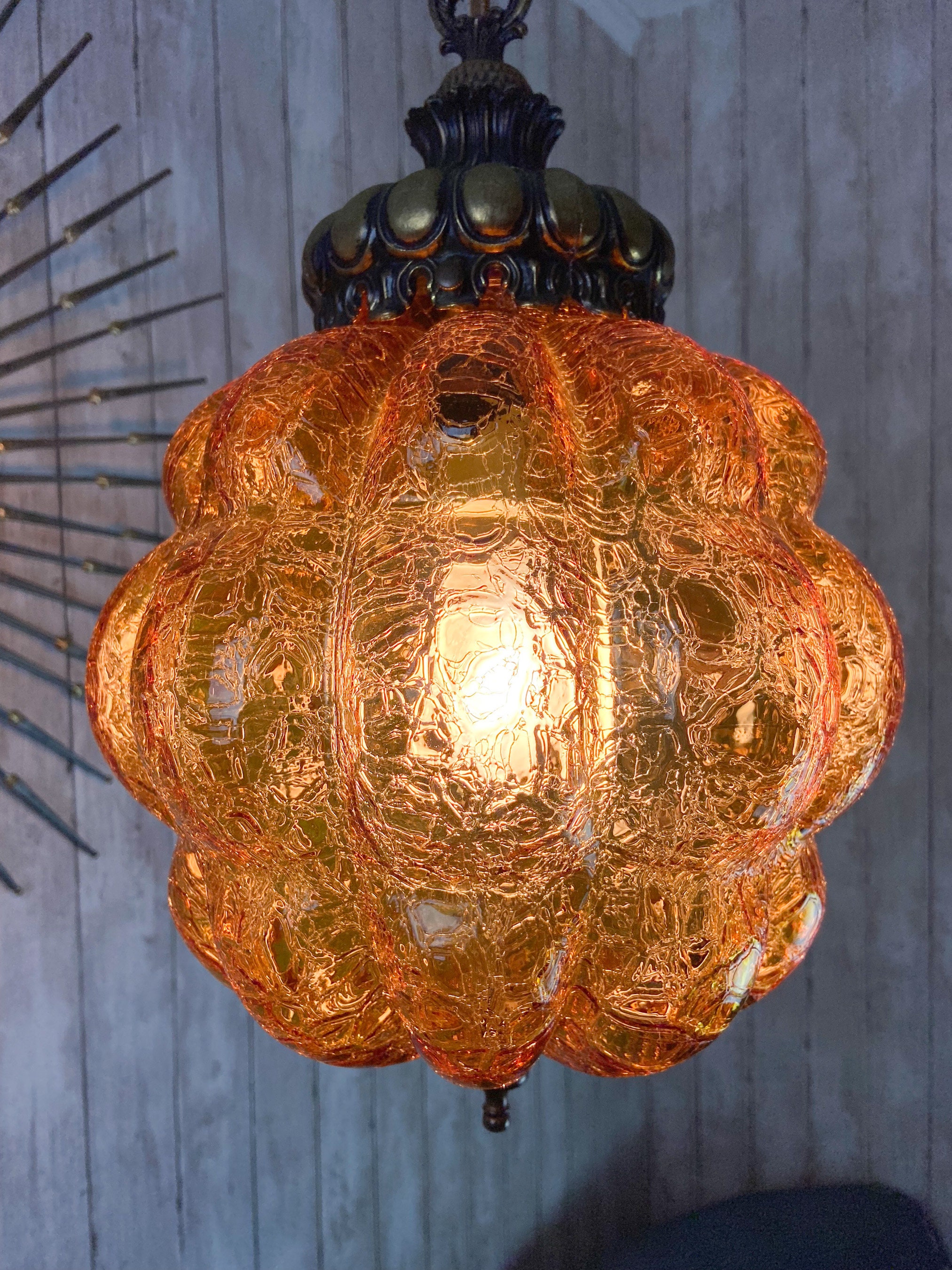 Vintage Swag Lamp Amber Swag Lamp Boho Swag Lamp Crackled Glass Swag