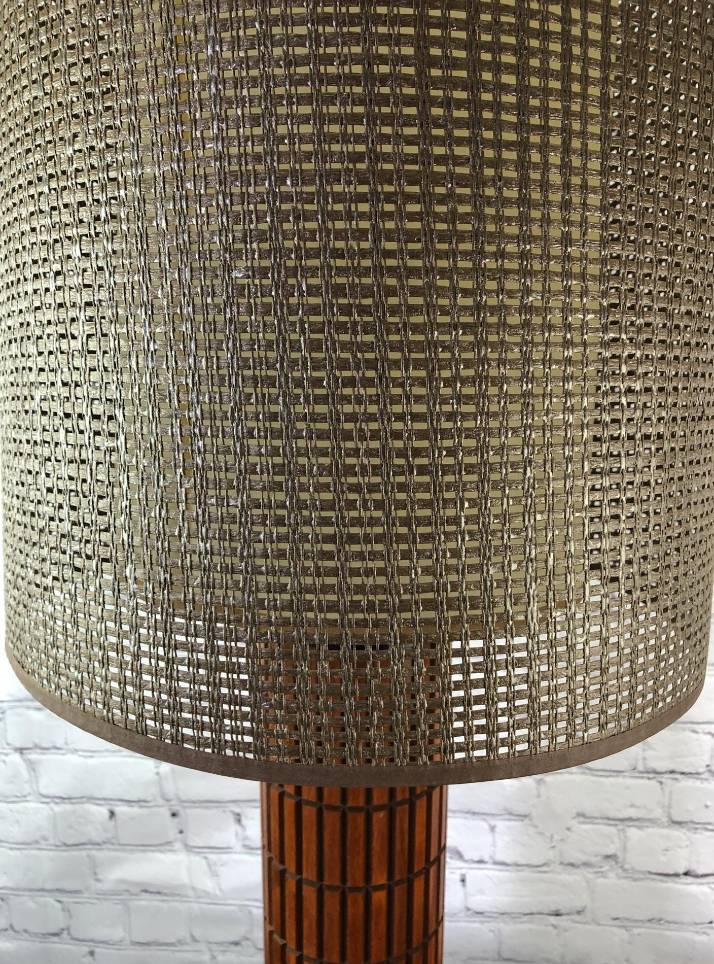 Mid Century Teak Tambour Lamp, Teak Table Lamp, Wicker Shade