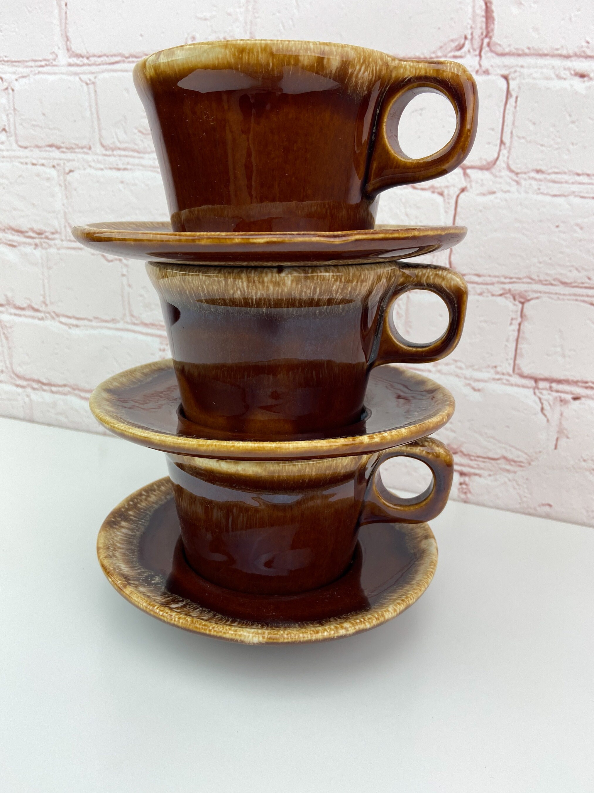 Hull Brown Drip(3) Oven Proof USA Crestone Coffee Mugs and Saucers Hull Coffee Mugs Mid Century