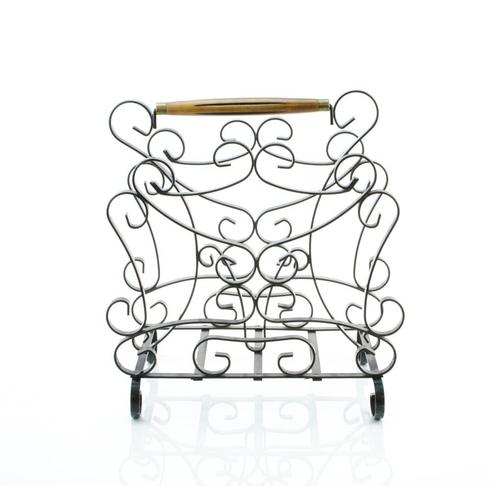 Vintage Wrought Iron Magazine Rack with Wood and Brass Handle