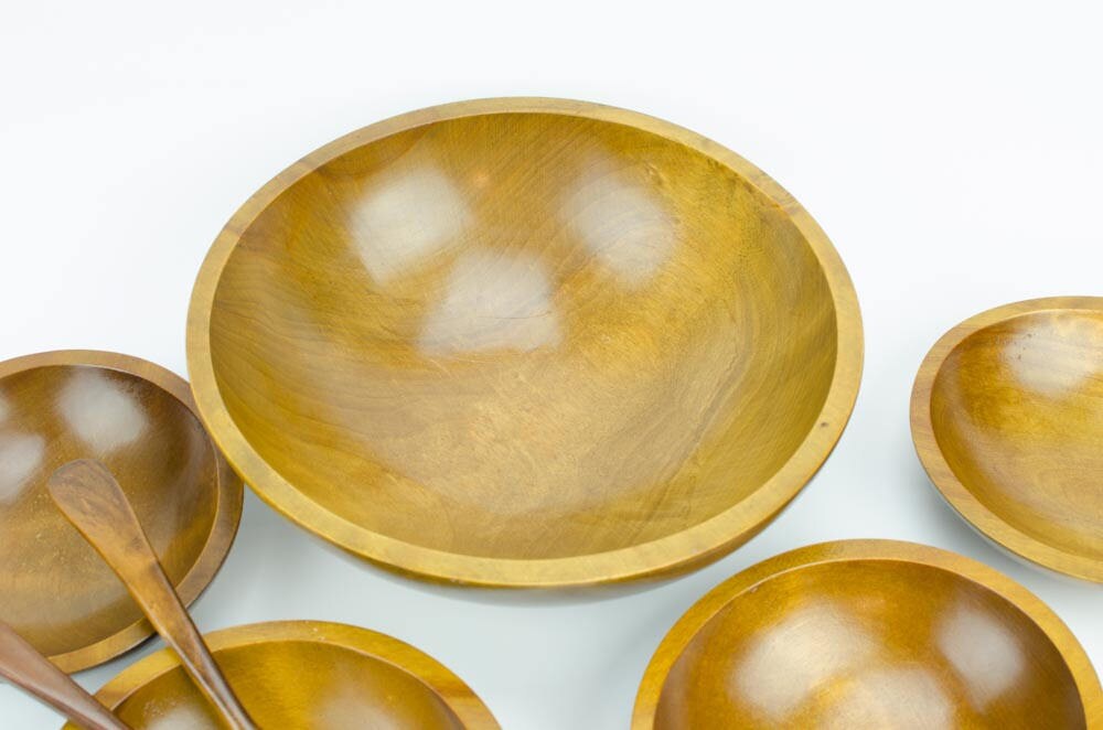 Rustic Wood Salad Bowl Set, Baribocraft Salad Bowl Set, Mid Century