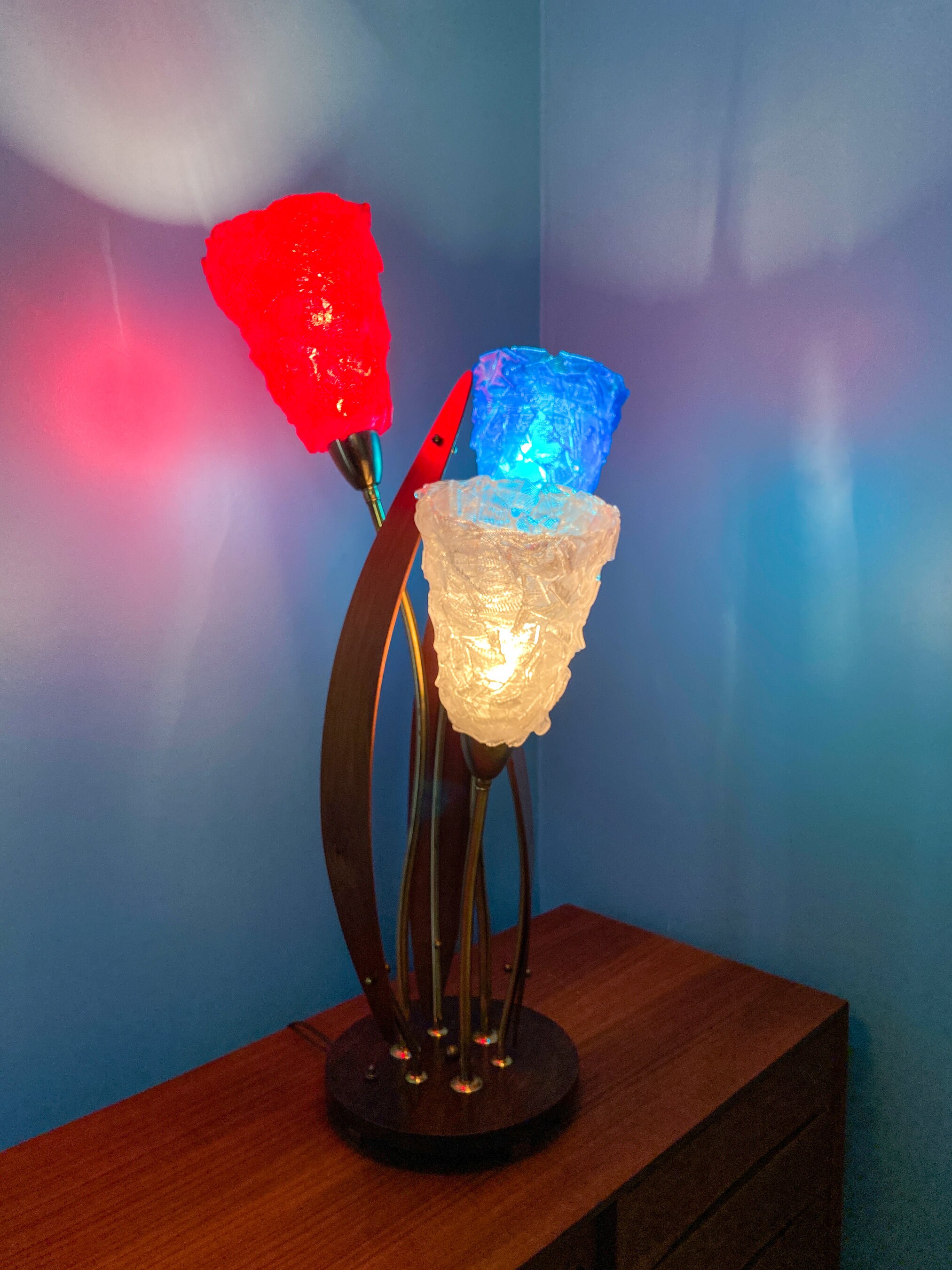 MidCentury Modern Lamp Biomorphic Lamp Walnut Brass and Lucite Tulip