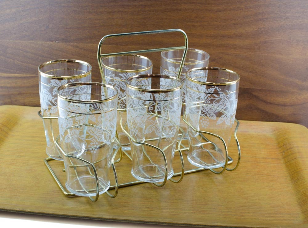 Mid Century Drink Caddy, Glass Caddy, Grape Motif Glasses