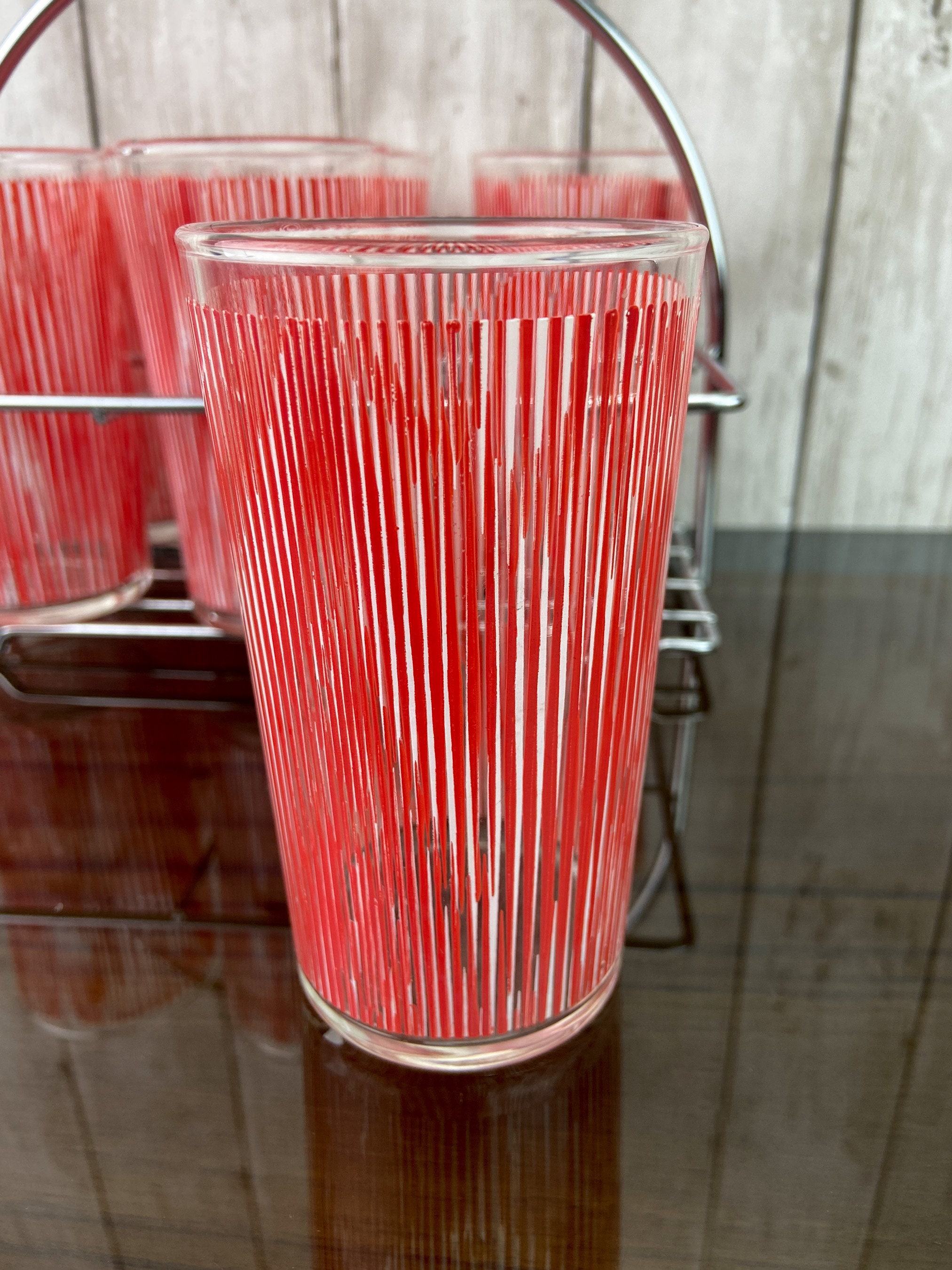 Mid Century Glassware Mid Century Drink Caddy 1940s Drink Caddy Retro Red Stripped Glasses